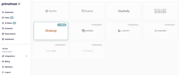 primehost.ai PMS integration dashboard showing connected property management systems and data sync status for vacation rentals